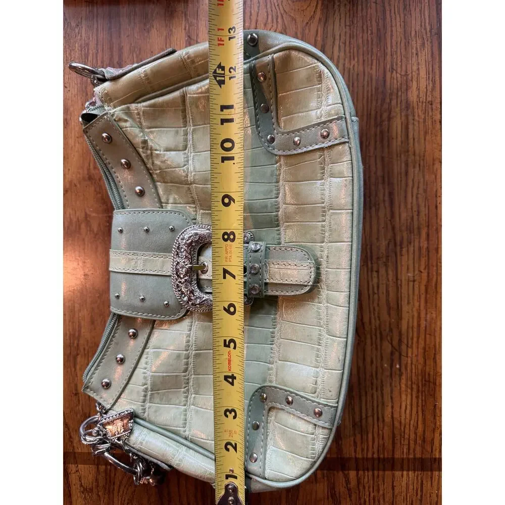M.C Sage Green Croc Embossed Shoulder Bag | Rhinestone Western Buckle Studded